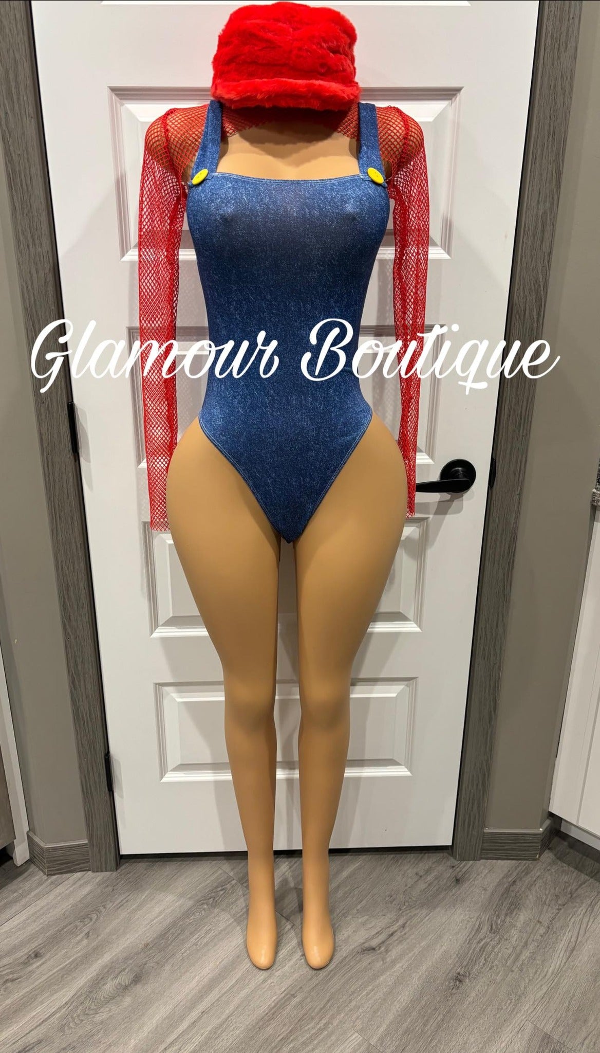 Red Video Game Character Costume - Denim Suspender Bodysuit with Red Mesh Sleeves | Glamour Boutique