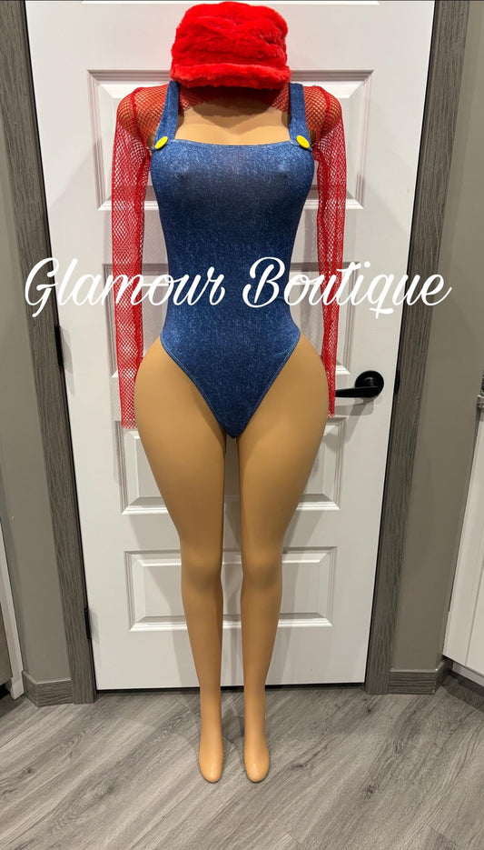 Red Video Game Character Costume - Denim Suspender Bodysuit with Red Mesh Sleeves | Glamour Boutique