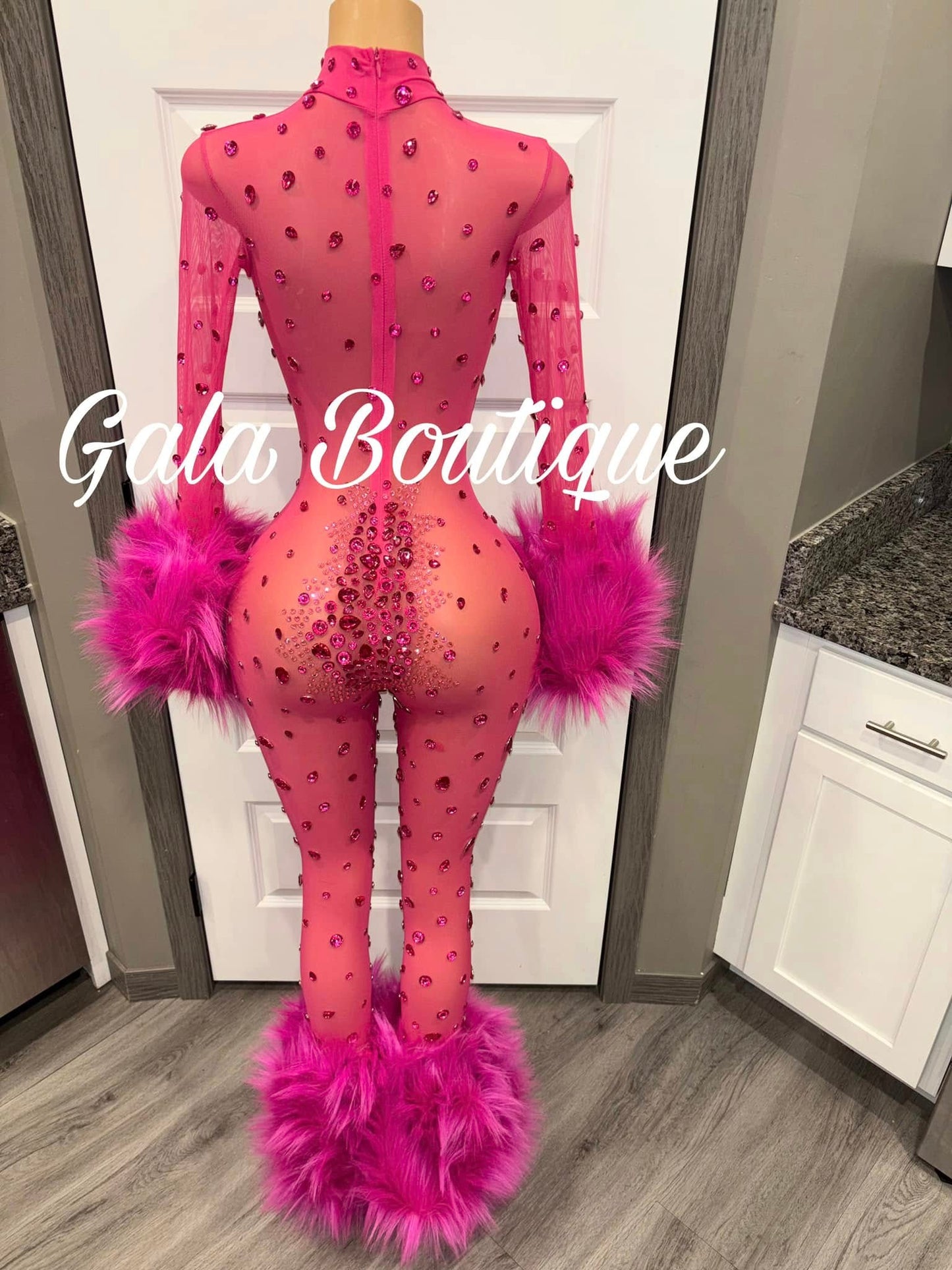 Pink Crystal & Feather Glam Jumpsuit - Luxe Statement Piece | Gala Boutique
