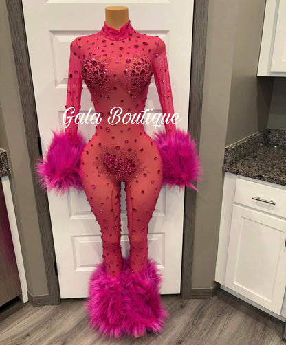 Pink Crystal & Feather Glam Jumpsuit - Luxe Statement Piece | Gala Boutique