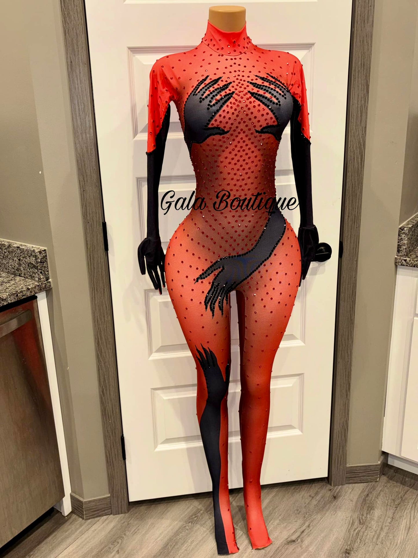 Red Luxury Illusion Rhinestone Bodysuit - Hands-On Design | Gala Boutique
