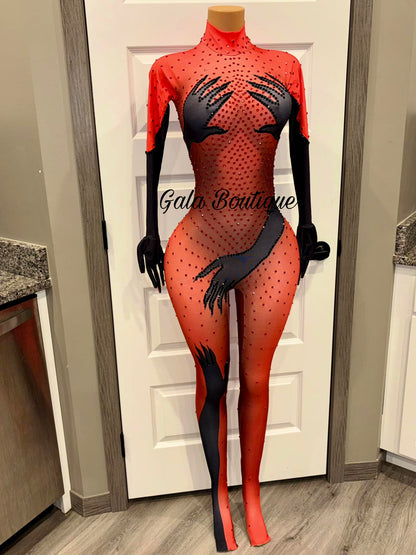 Red Luxury Illusion Rhinestone Bodysuit - Hands-On Design | Gala Boutique