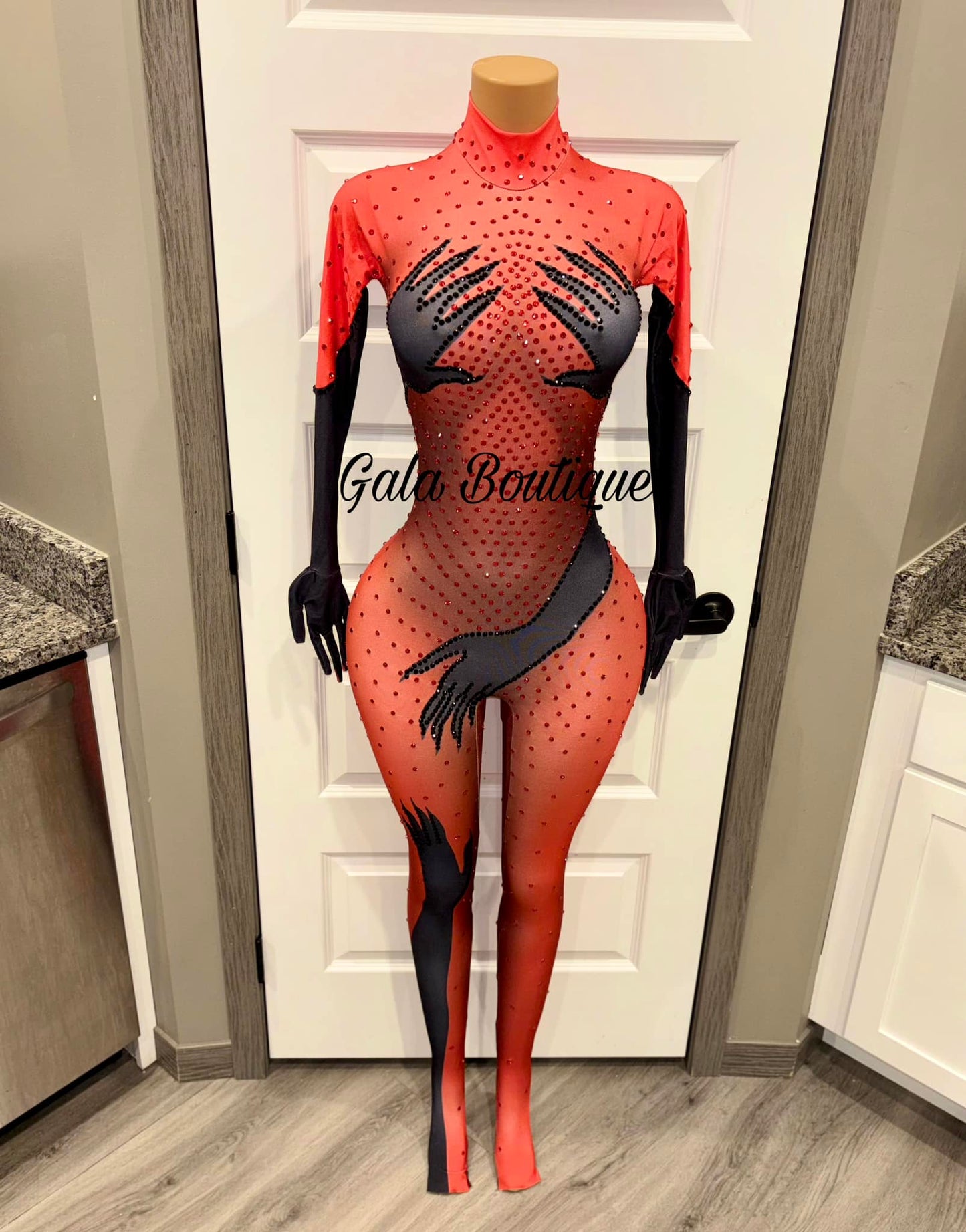 Red Luxury Illusion Rhinestone Bodysuit - Hands-On Design | Gala Boutique