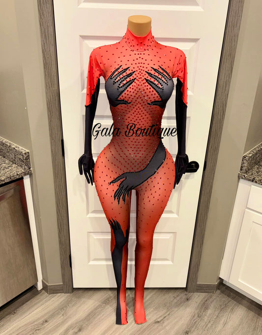 Red Luxury Illusion Rhinestone Bodysuit - Hands-On Design | Gala Boutique